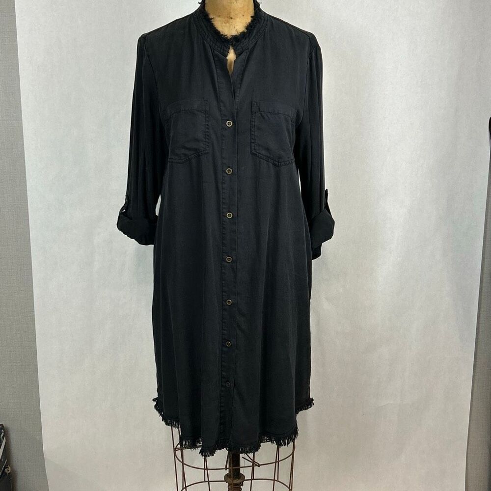 Velvet Heart Button Front Dress Black Sz Medium Raw Hem Roll Tab Sleeves Lightwt
